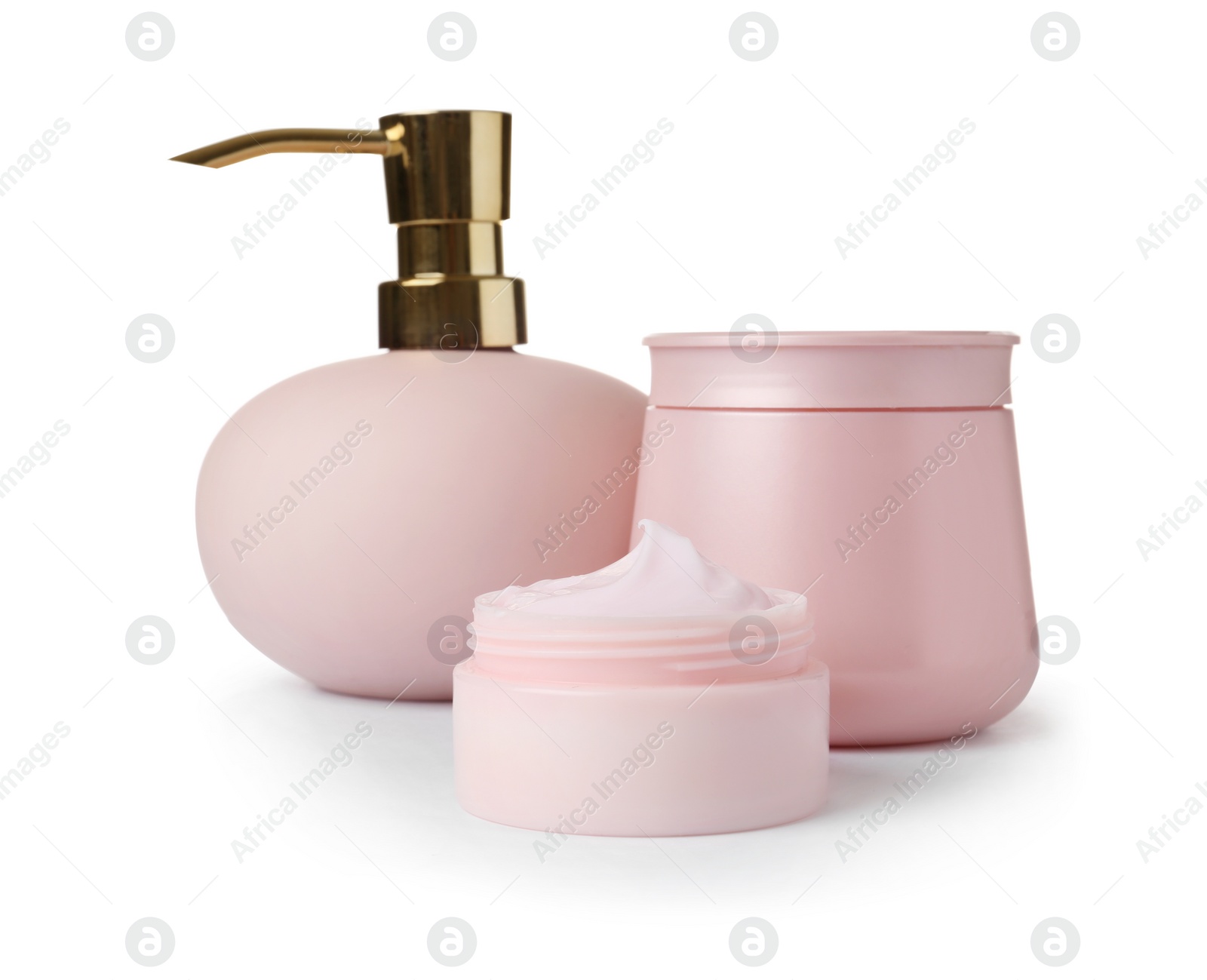 Photo of Different body care products on white background