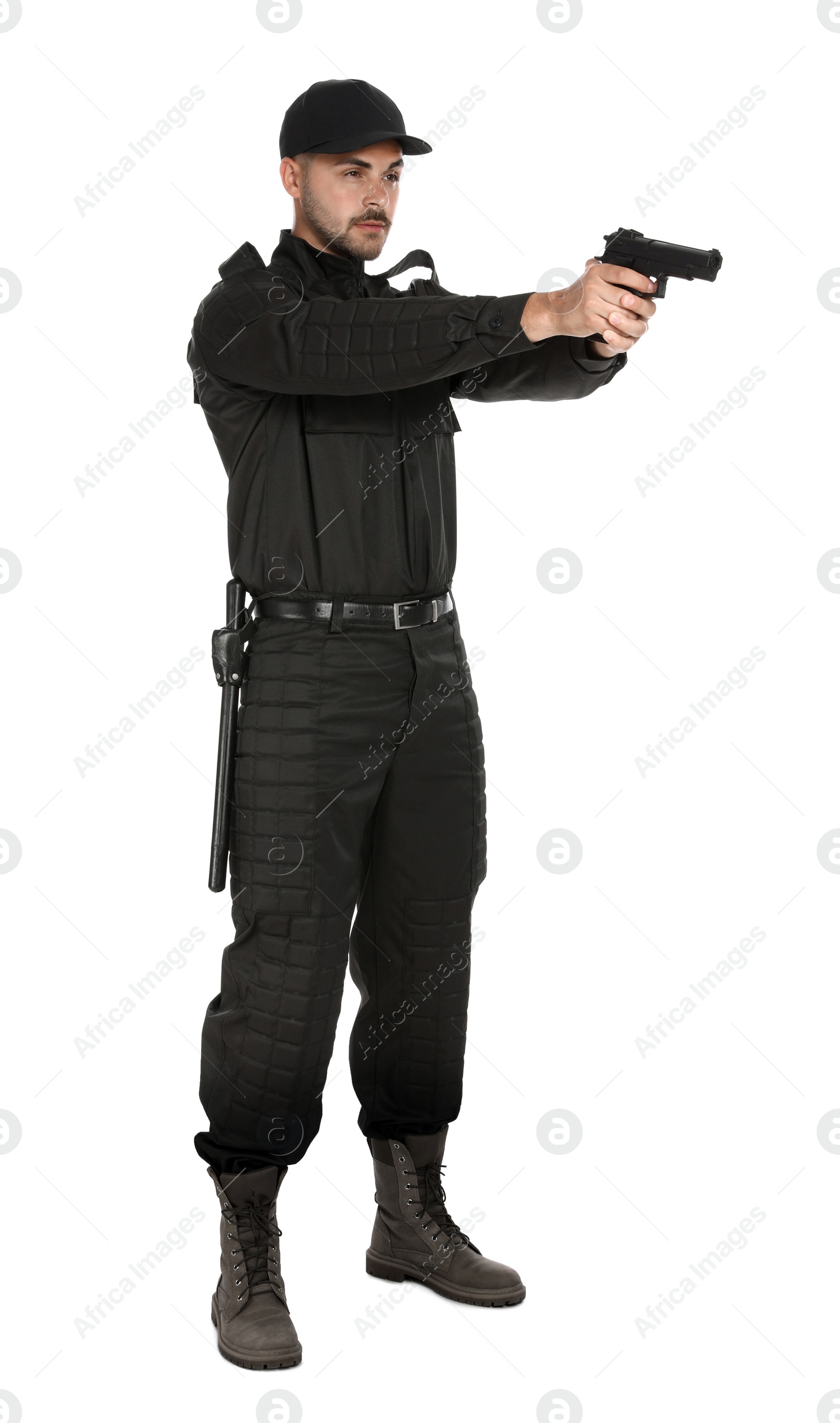 Photo of Male security guard in uniform with gun on white background