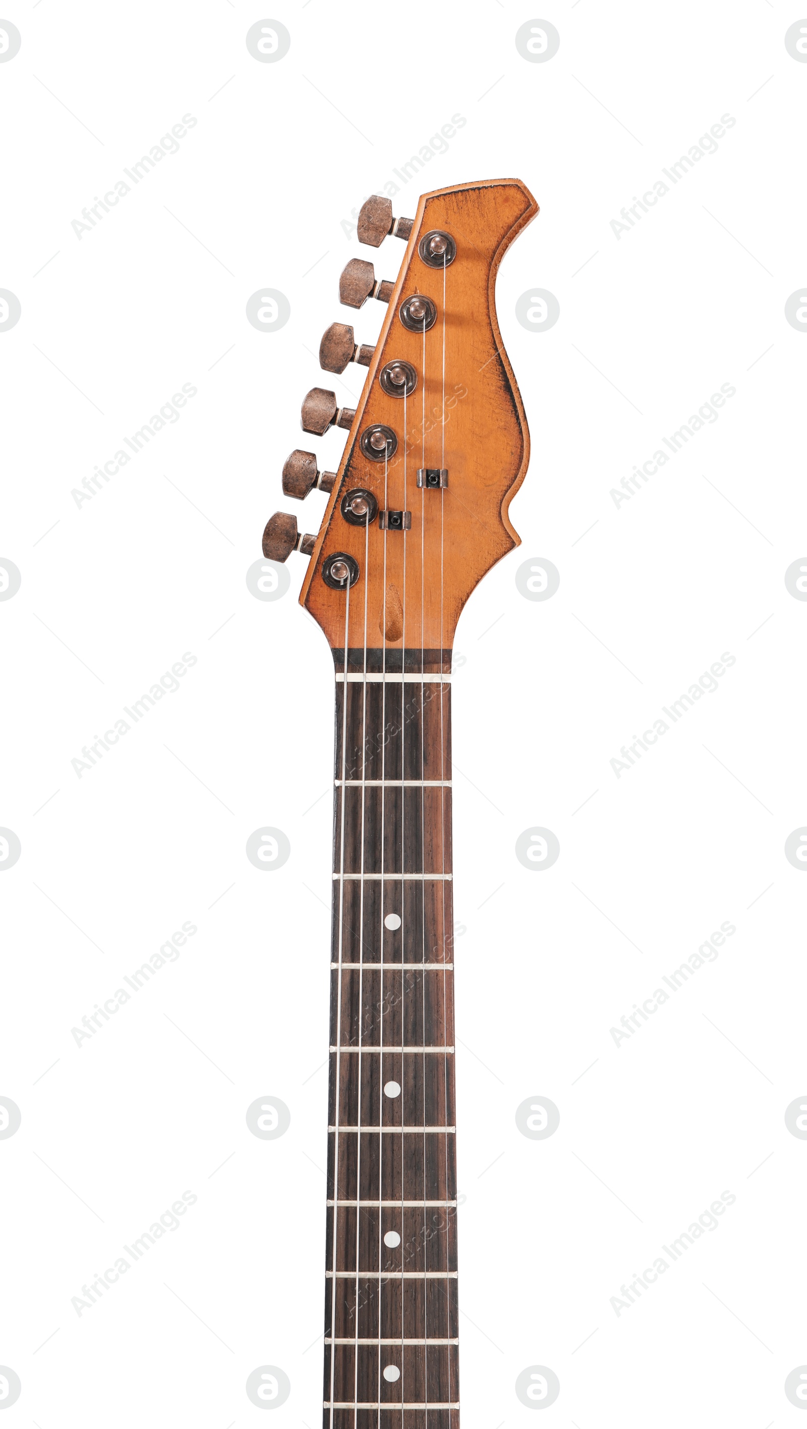 Photo of Electric guitar on white background, closeup. Musical instrument