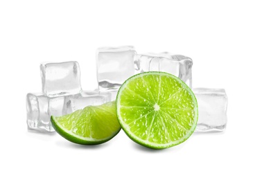 Photo of Fresh sliced ripe lime and ice cubes on white background