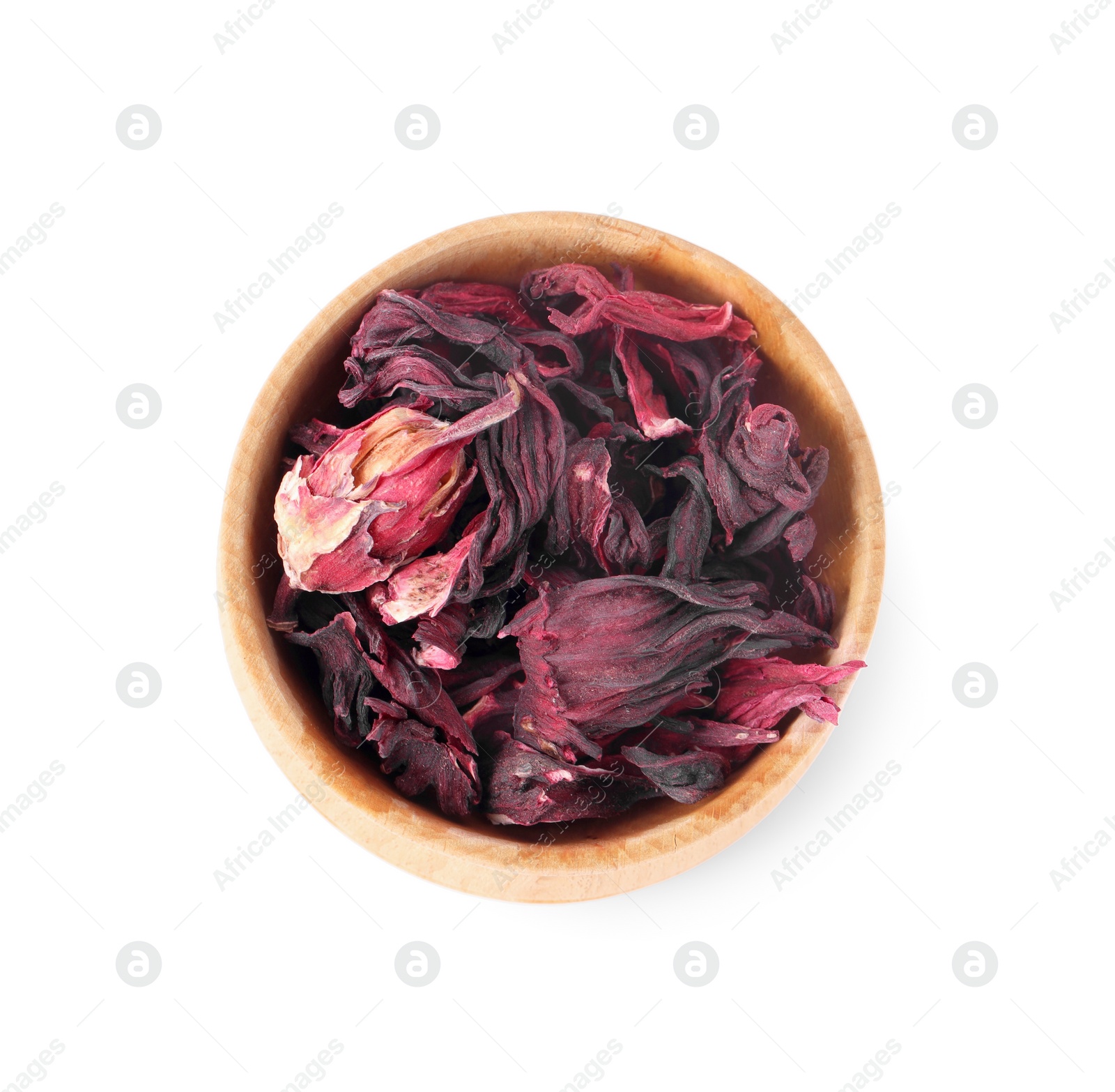 Photo of Bowl of dry hibiscus tea isolated on white, top view