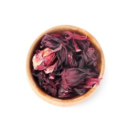 Photo of Bowl of dry hibiscus tea isolated on white, top view