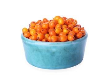 Photo of Fresh ripe sea buckthorn berries in blue marble bowl isolated on white