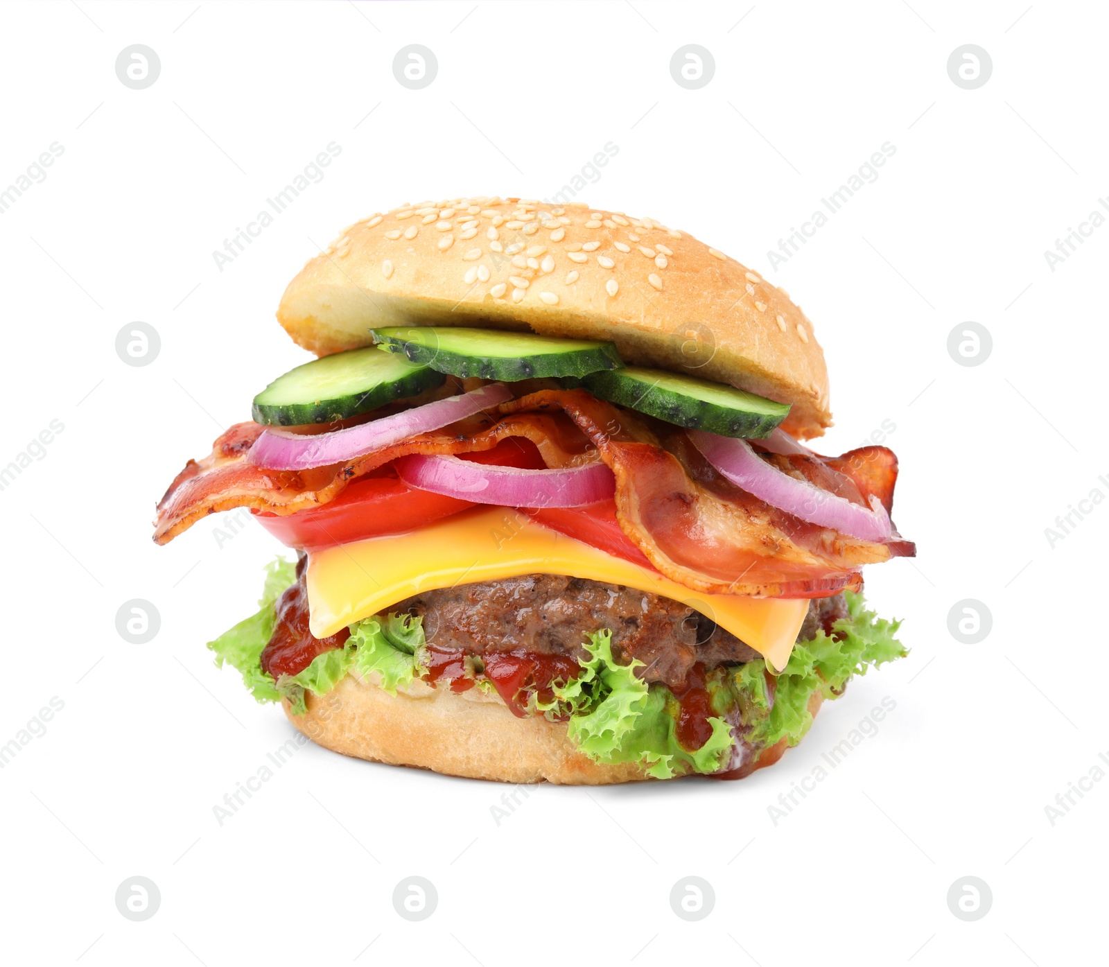 Photo of Tasty burger with bacon, vegetables and patty isolated on white