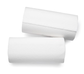 Photo of Rolls of paper towels isolated on white, top view