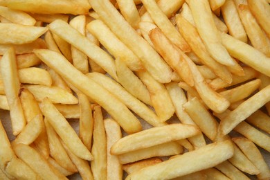 Pile of French fries on parchment, top view
