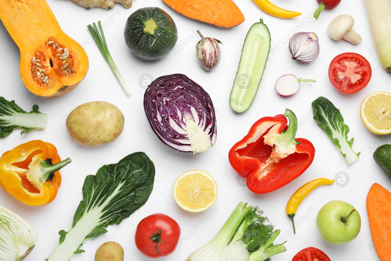 Photo of Flat lay composition with fresh ripe vegetables and fruits on white background