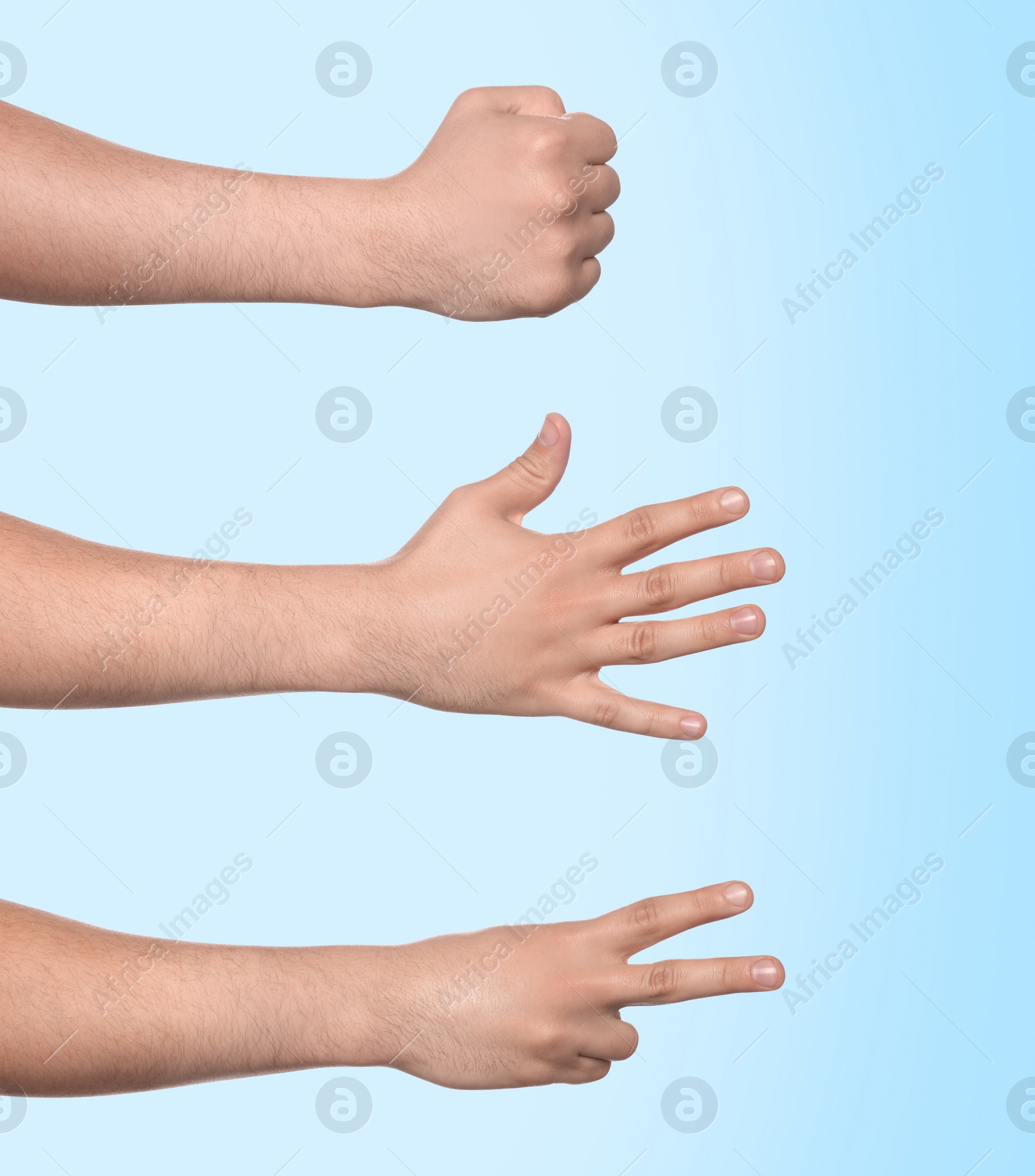 Image of People playing rock, paper and scissors on light blue background, closeup