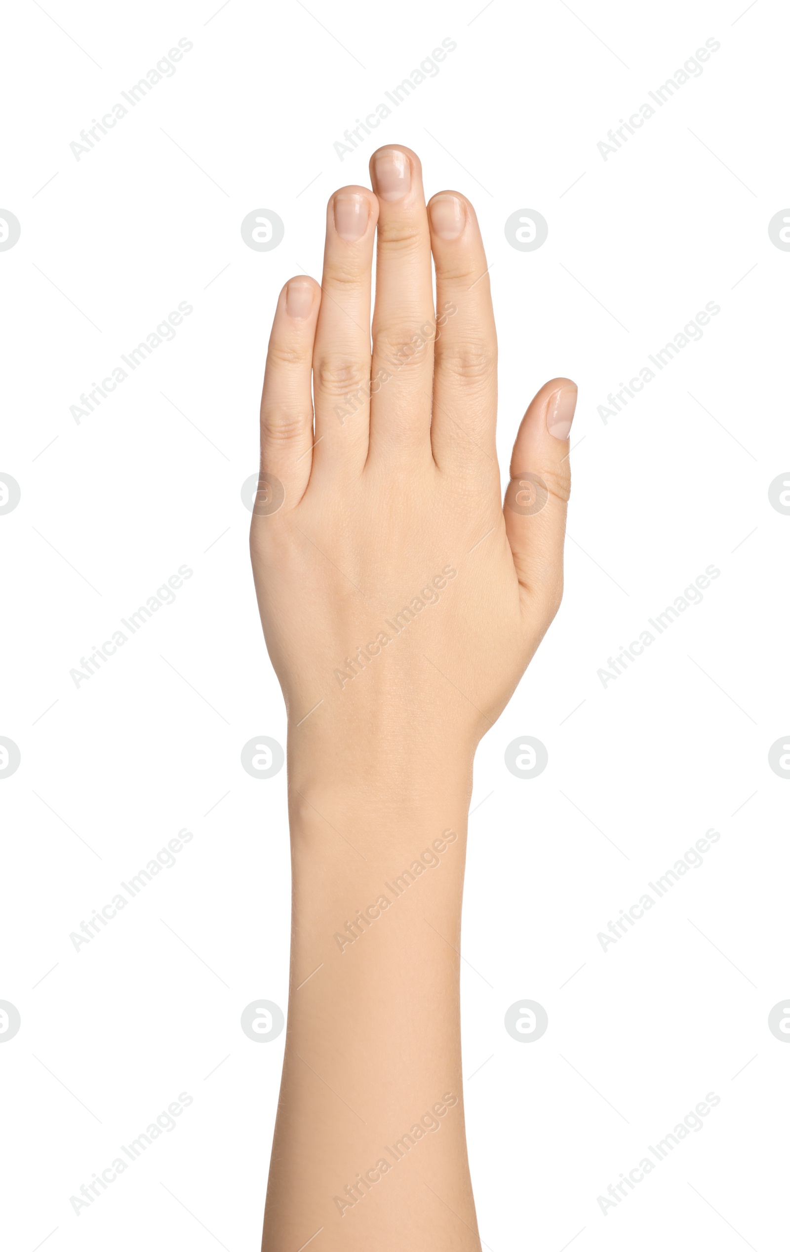 Photo of Woman on white background, closeup of hand