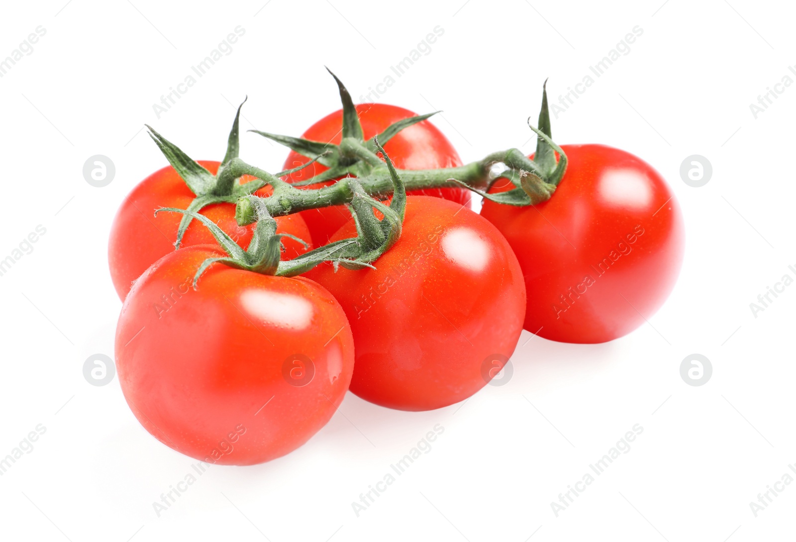 Photo of Branch of fresh cherry tomatoes isolated on white