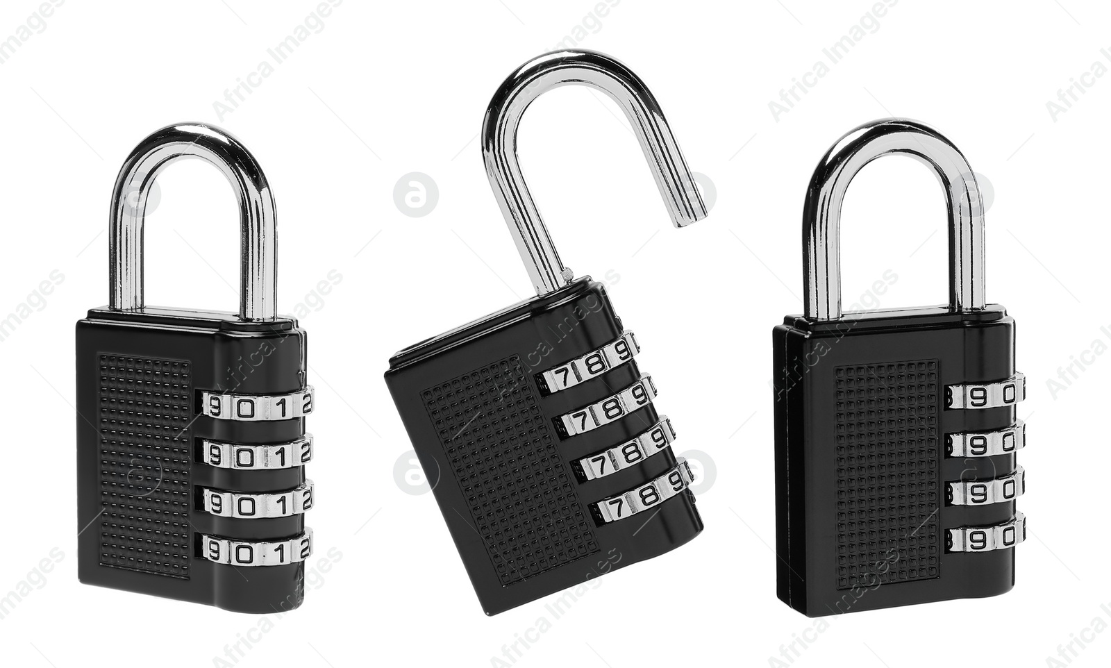 Image of Steel combination padlock isolated on white, set