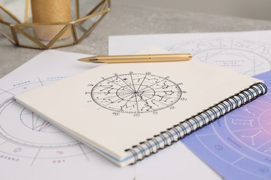 Photo of Zodiac wheel for making forecast of fate on table, closeup. Astrological predictions
