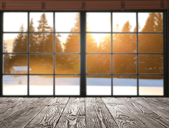 Image of Empty wooden table and window with beautiful view indoors