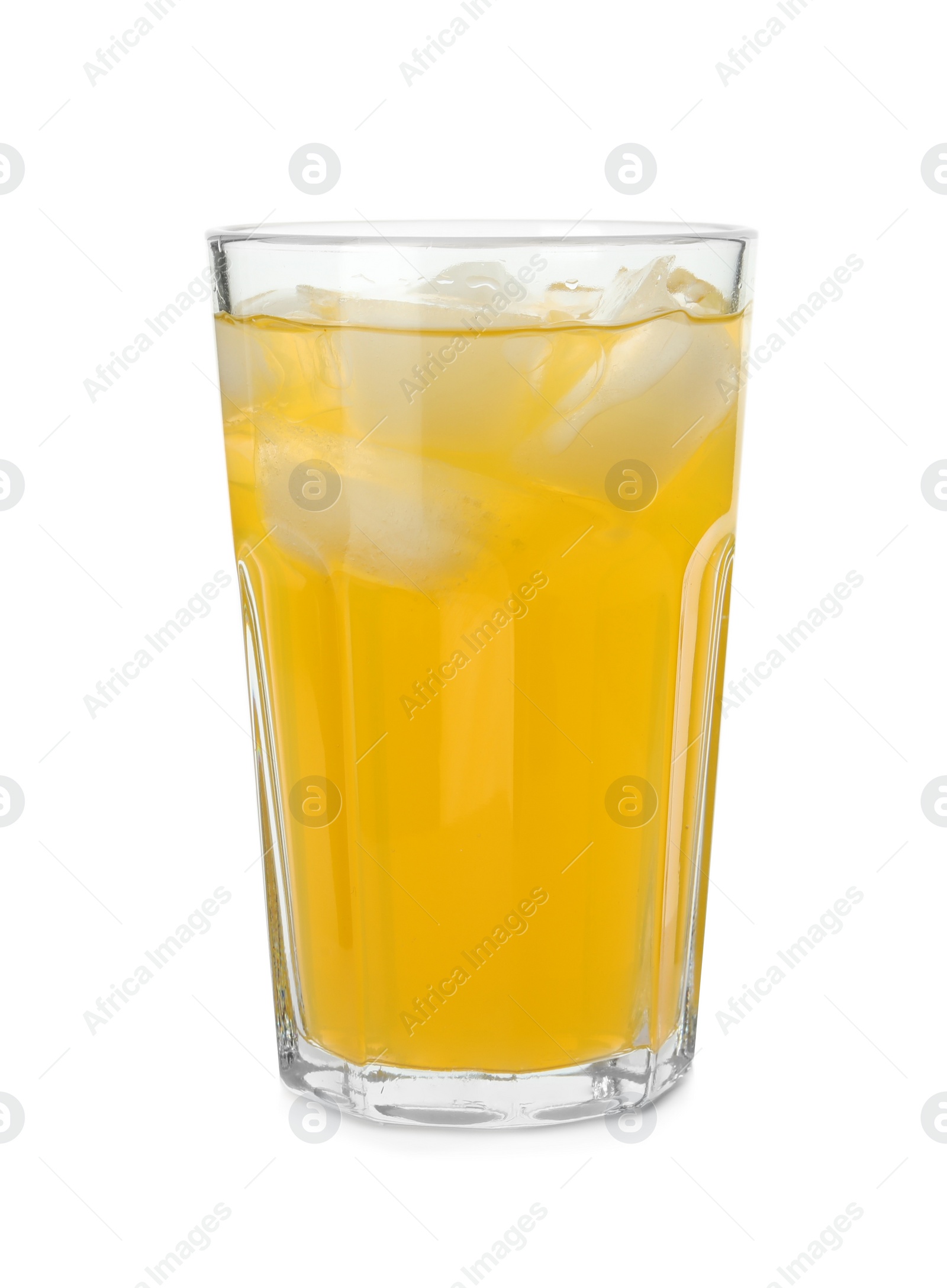 Photo of Delicious orange soda water on white background