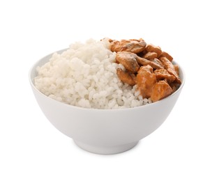 Photo of Bowl of delicious rice with meat and mushrooms isolated on white