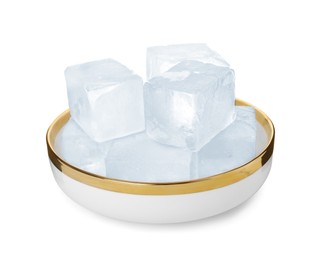 Photo of Bowl of crystal clear ice cubes isolated on white