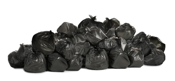 Image of Big heap of trash bags with garbage on white background