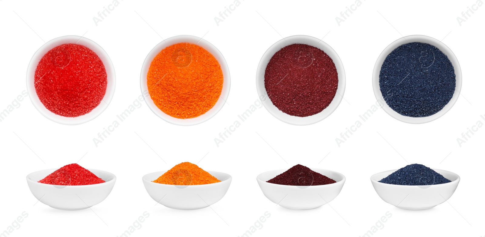 Image of Collage of different powdered food coloring in bowls isolated on white, top and side views