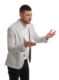 Photo of Emotional man in suit on white background