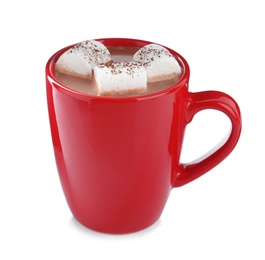 Photo of Hot drink with marshmallows in red cup isolated on white
