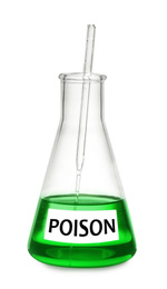 Conical flask with poison on white background