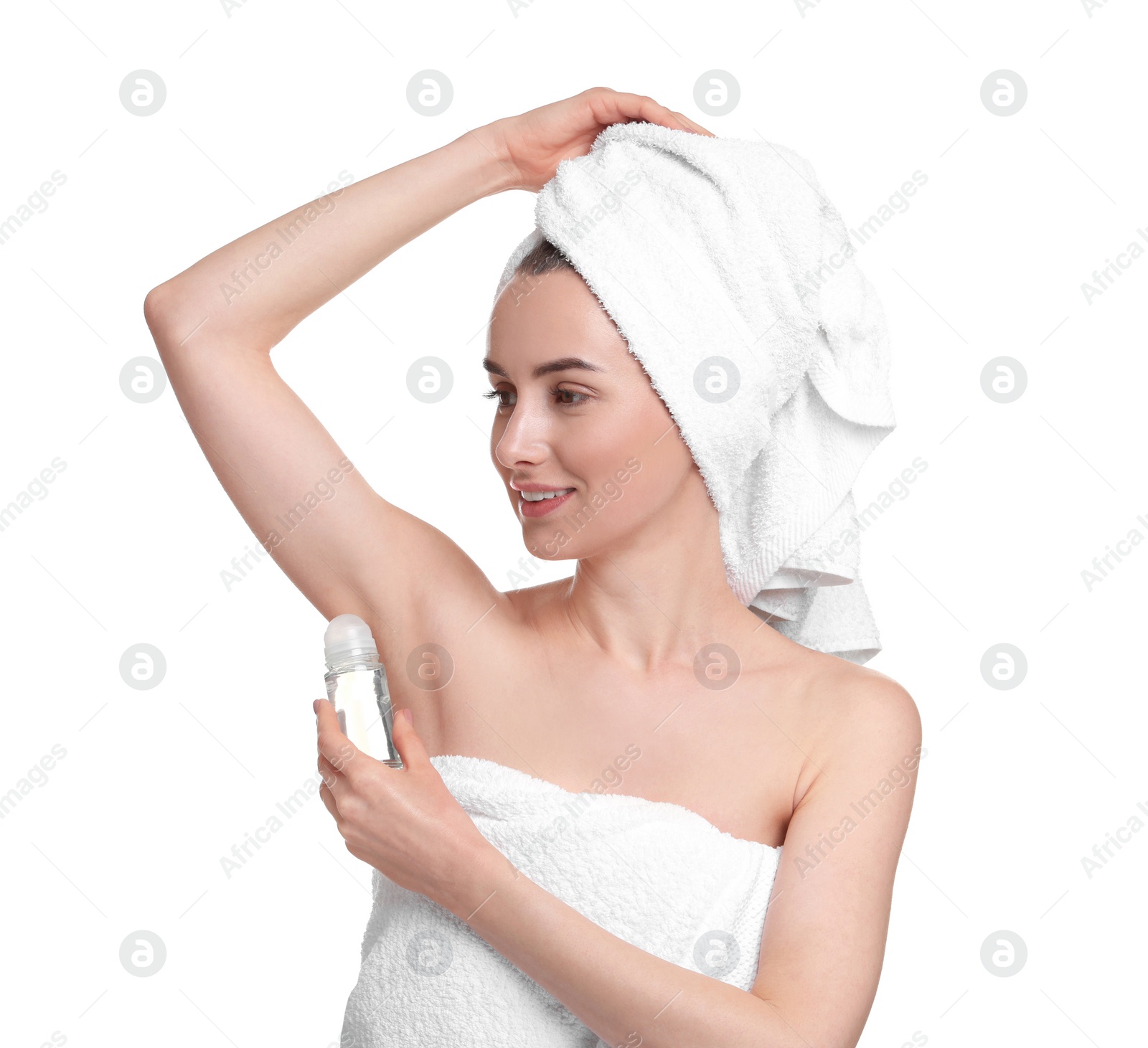 Photo of Beautiful woman applying deodorant on white background