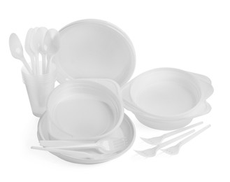 Photo of Setdisposable tableware on white background