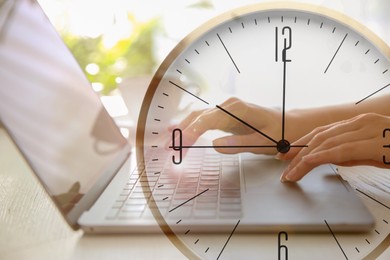 Image of Double exposure of woman working on laptop and clock