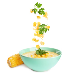 Image of Collage with ingredients falling into bowl of corn soup on white background 