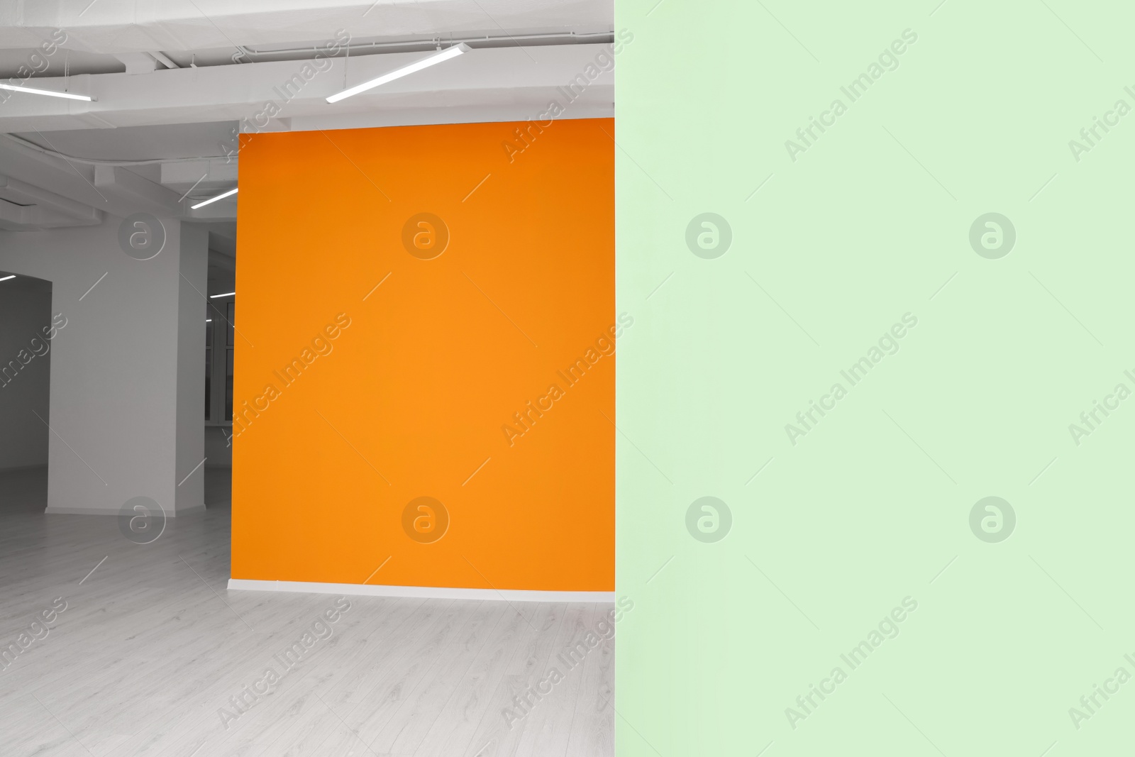 Photo of Empty office room with white and orange walls. Interior design