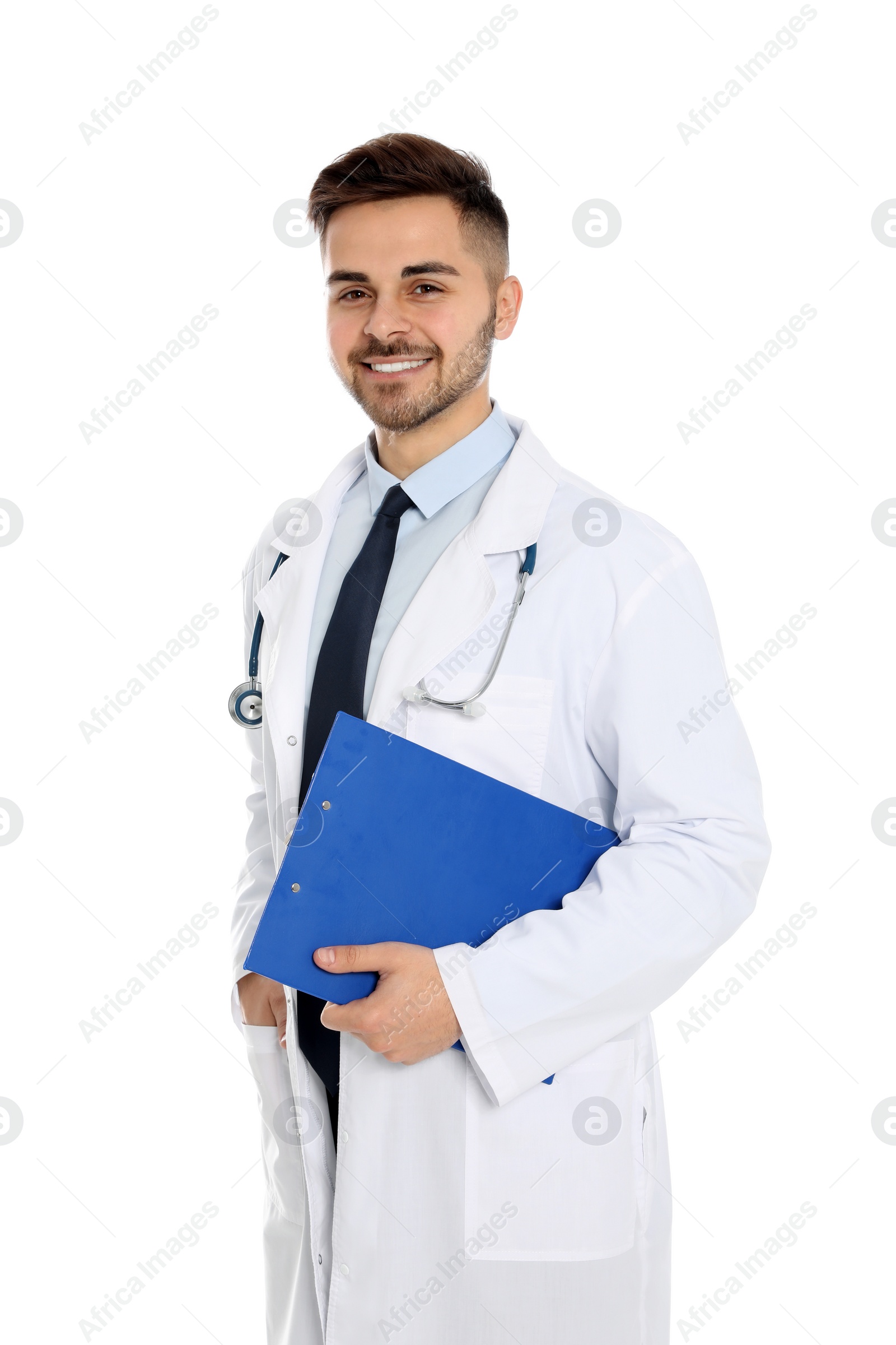 Photo of Portrait of medical doctor with clipboard and stethoscope isolated on white