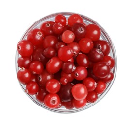 Photo of Bowl of fresh ripe cranberries isolated on white, top view