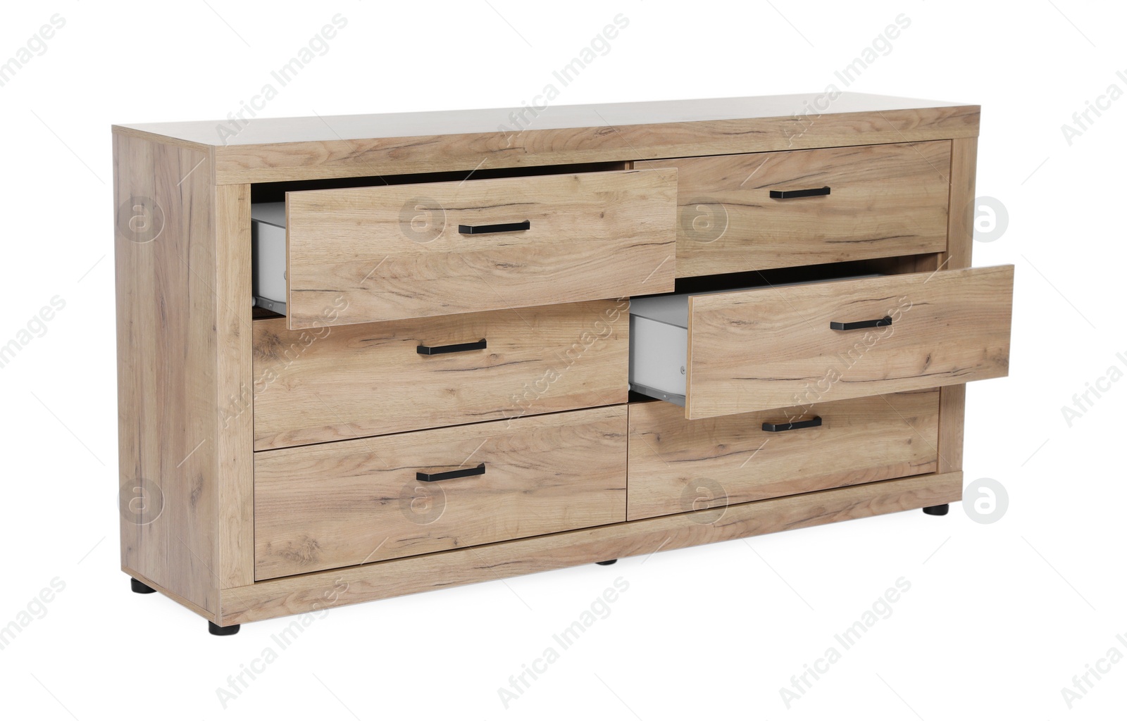 Photo of New wooden chest of drawers isolated on white