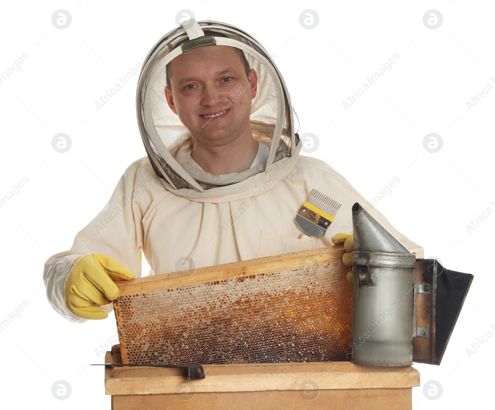 Photo of Beekeeper in uniform taking frame with honeycomb out of wooden hive on white background