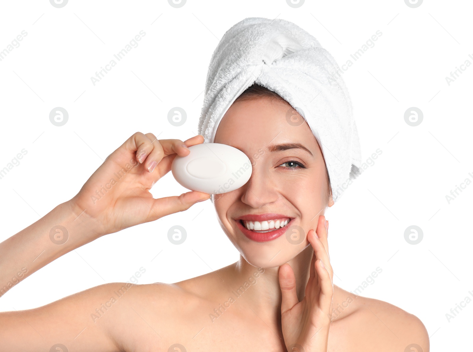 Image of Beautiful young woman with soap bar on white background