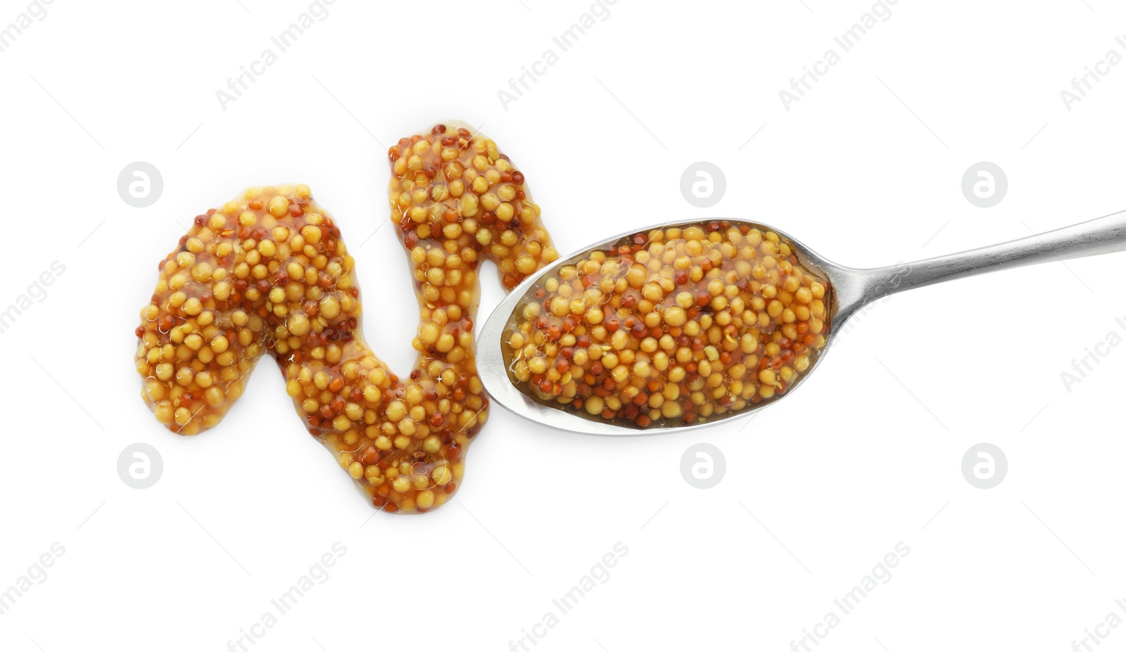 Photo of Fresh whole grain mustard and spoon isolated on white, top view