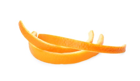 Photo of Fresh orange fruit peels on white background