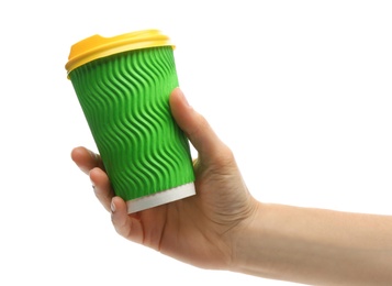 Photo of Woman holding takeaway paper coffee cup on white background