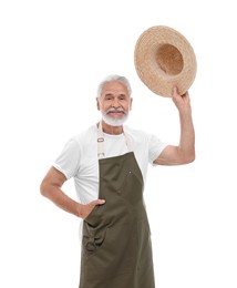 Photo of Harvesting season. Cheerful farmer tipping hat on white background