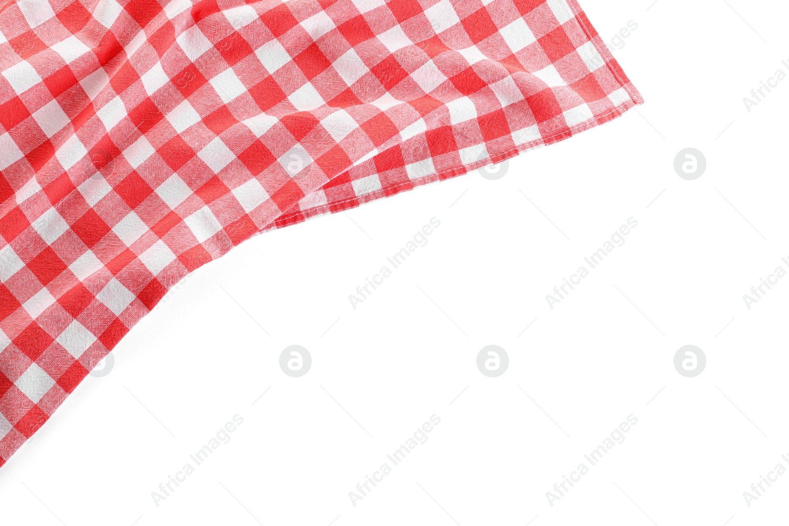 Photo of Classic red checkered blanket isolated on white, top view