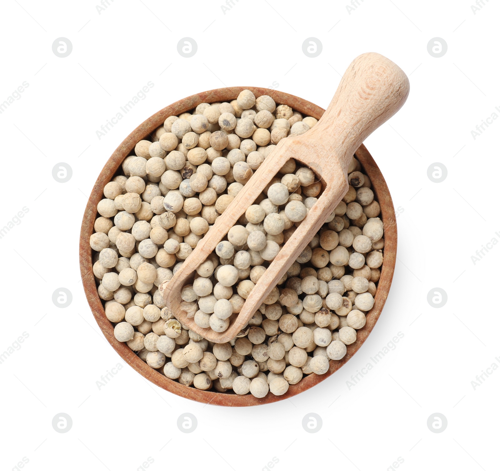 Photo of Aromatic spice. Many peppercorns in bowl and scoop isolated on white, top view