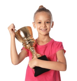 Photo of Happy girl with golden winning cup on white background