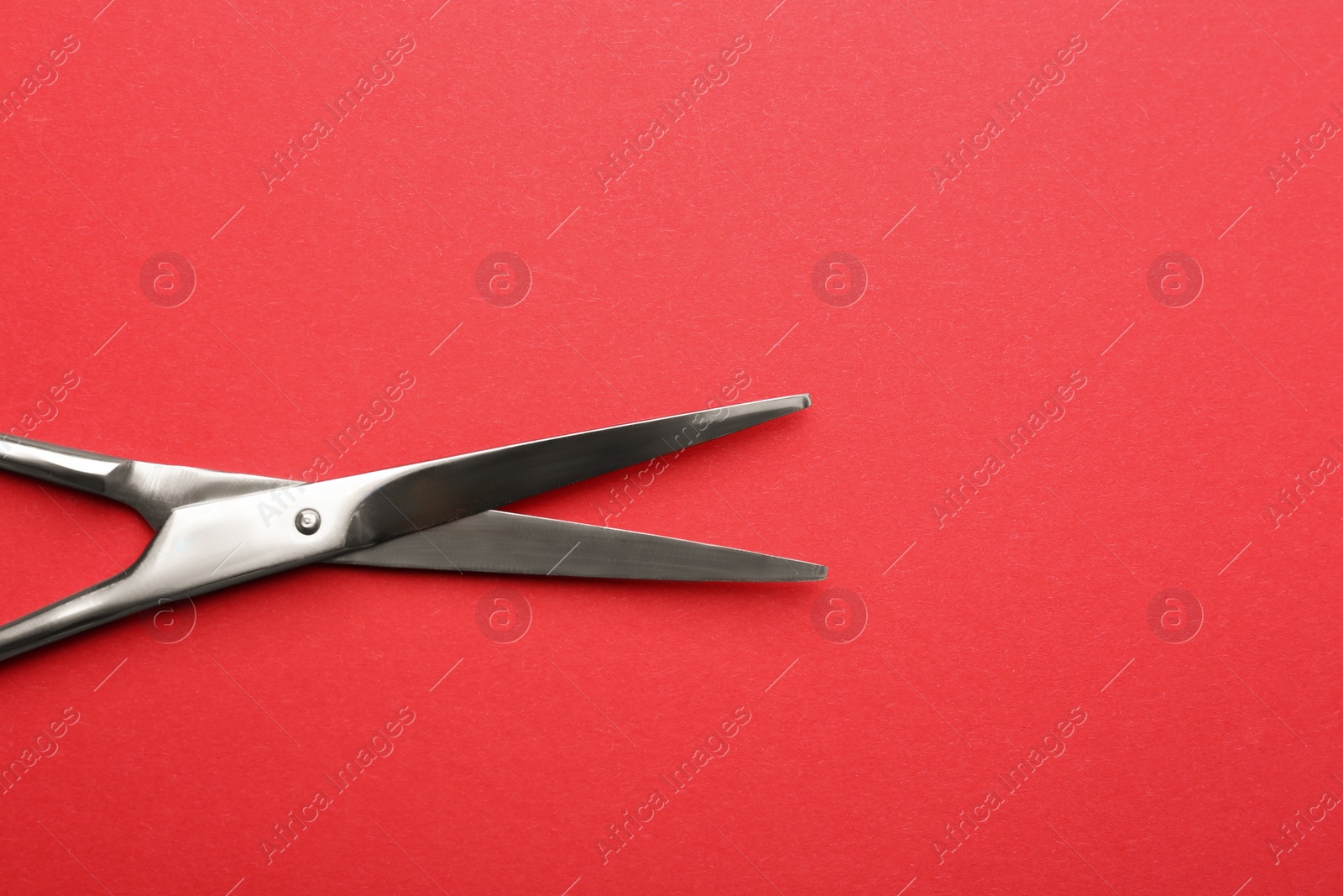 Photo of Pair of sharp scissors on color background, top view. Space for text