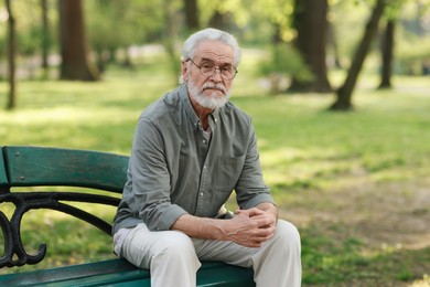 Portrait of happy grandpa with glasses on bench in park