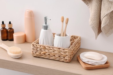 Different bath accessories and personal care products indoors