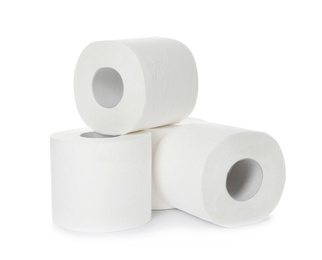 Photo of Rolls of toilet paper on white background