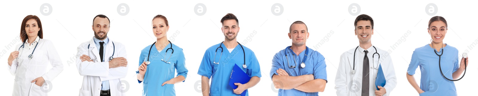 Image of Collage with photos of doctors on white background. Banner design
