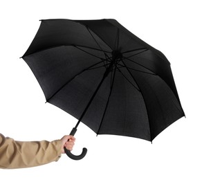 Woman with open black umbrella on white background, closeup
