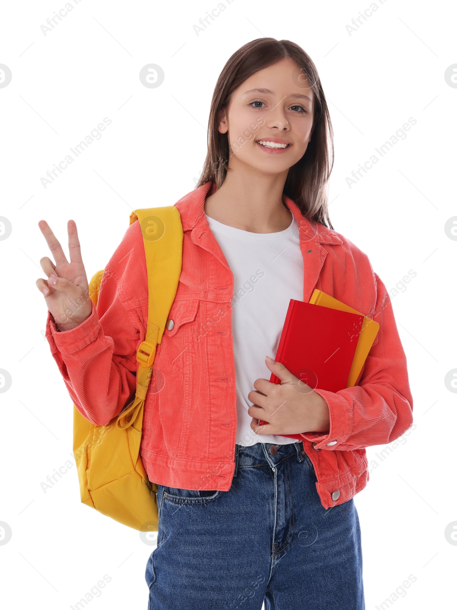 Photo of Teenage girl with books and backpack on white background