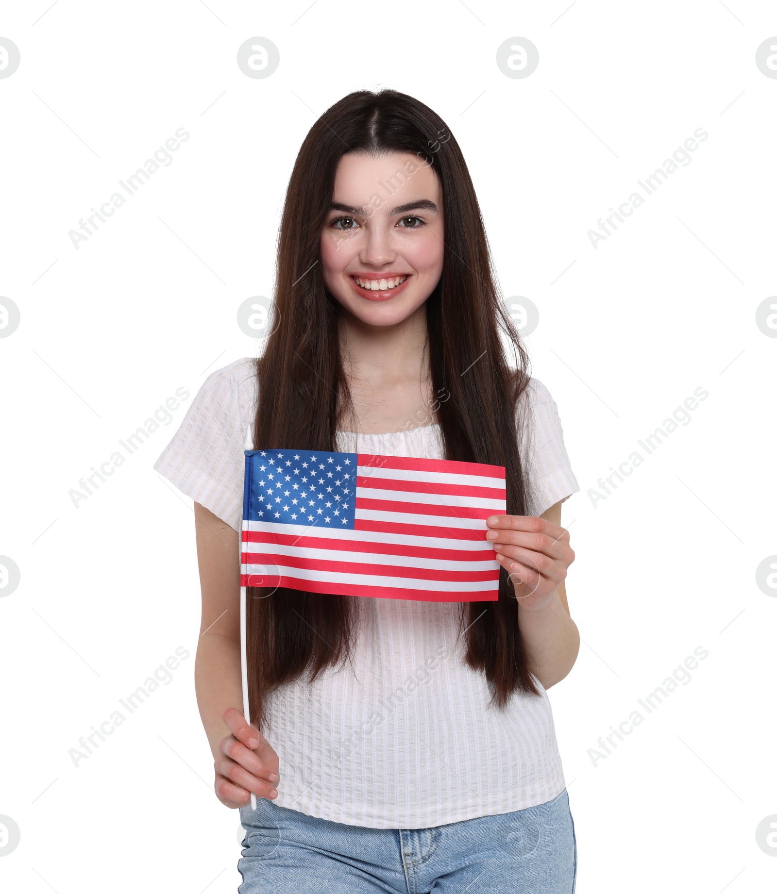 Image of 4th of July - Independence day of America. Happy teenage girl holding national flag of United States on white background